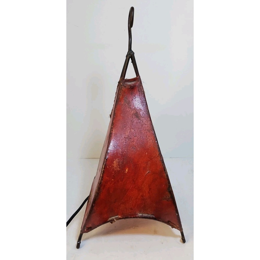 Vintage Pig Skin Table Lamp Iron Accent Light Spanish Red Leather Scroll Bedside - Picture 2 of 16